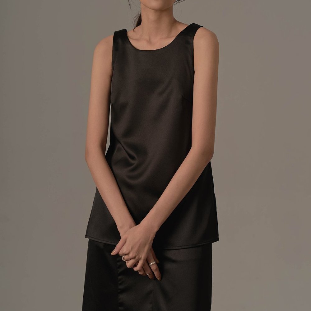 Notched Satin Asymmetrical Sleeveless Top
